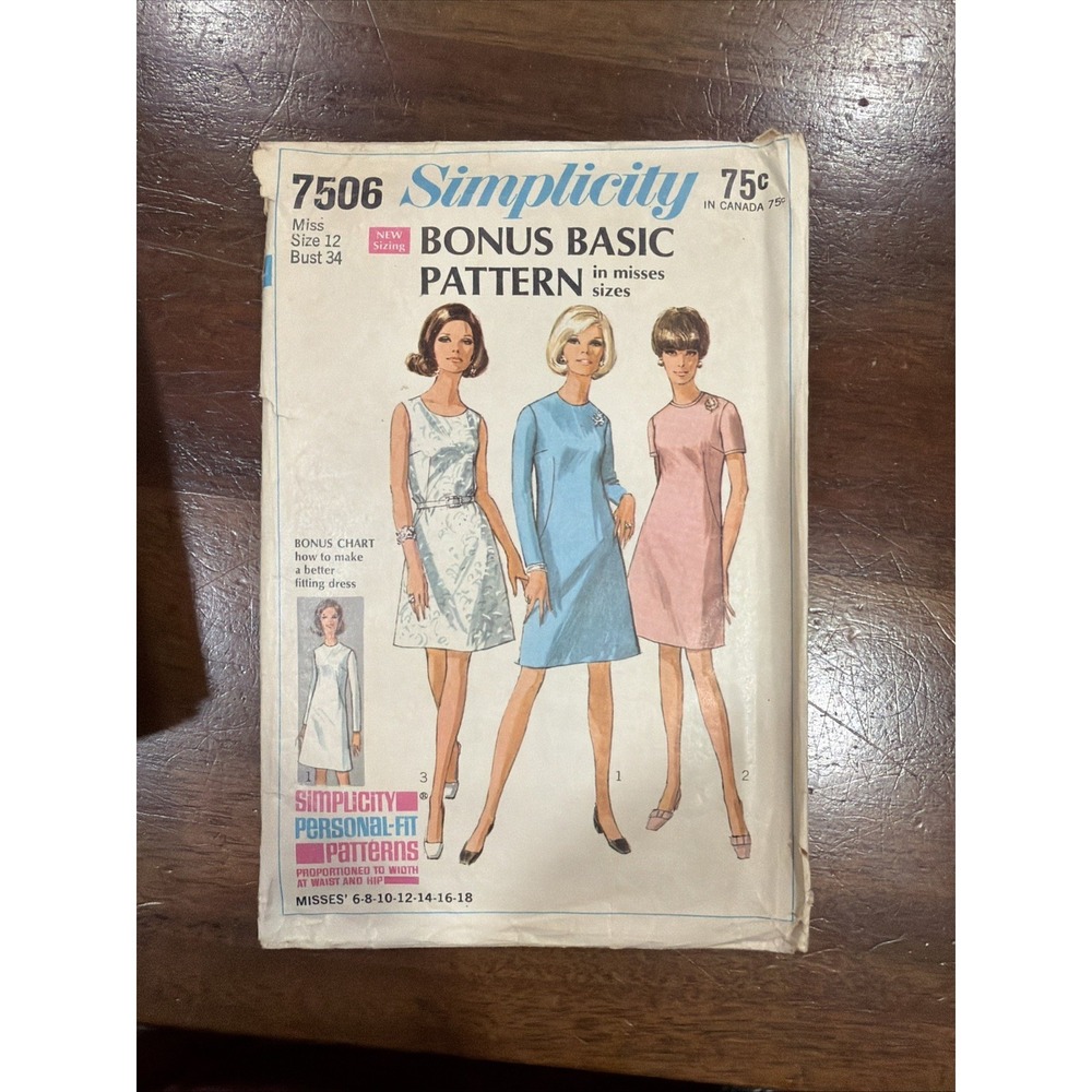 Simplicity Vintage 1967 Sewing Pattern #7506 Misses' Dress - Size 12